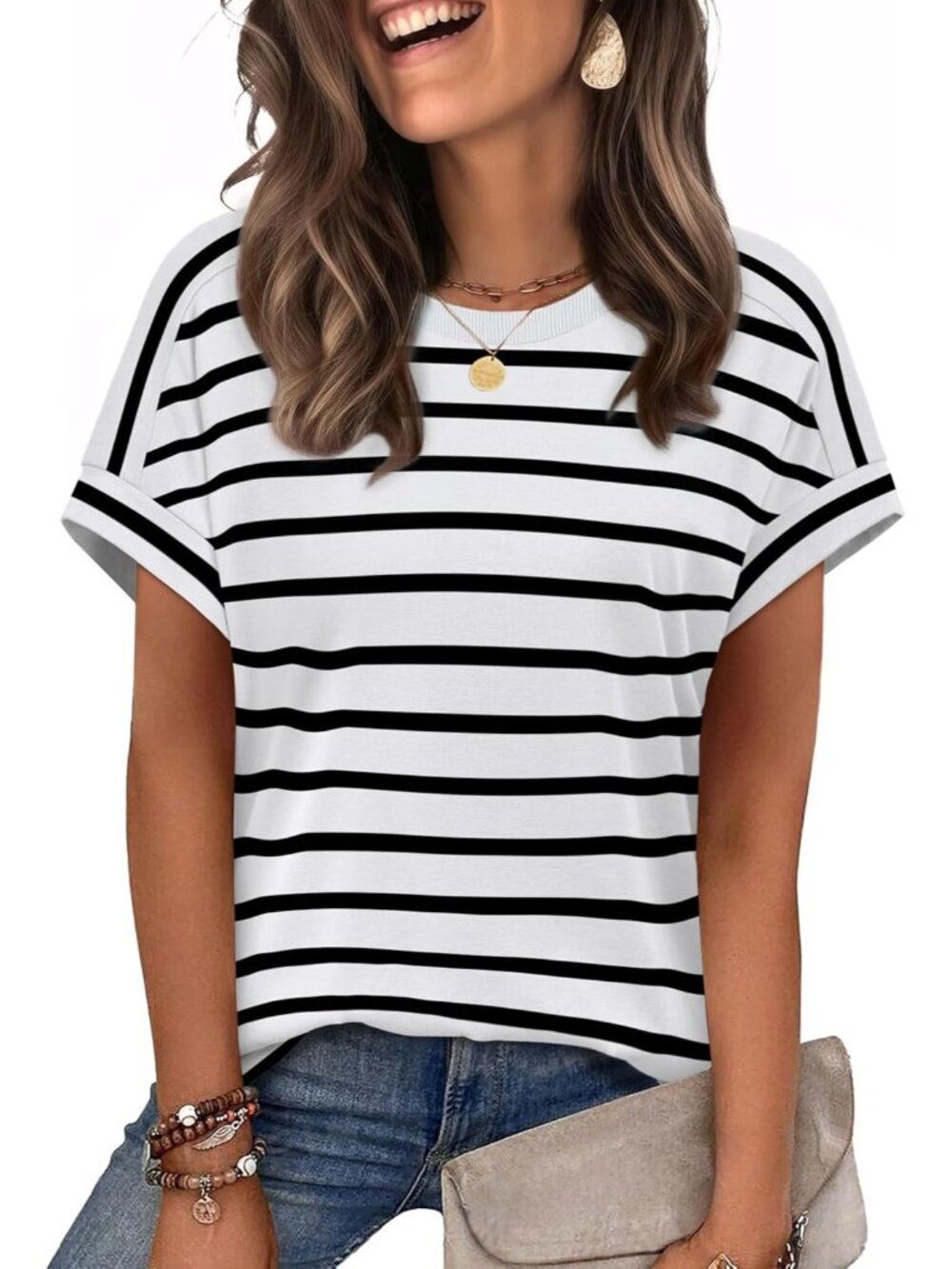 Women's White Stripes Summer Outfits Cloth Pull On Top Short Sleeve Casual Shirt